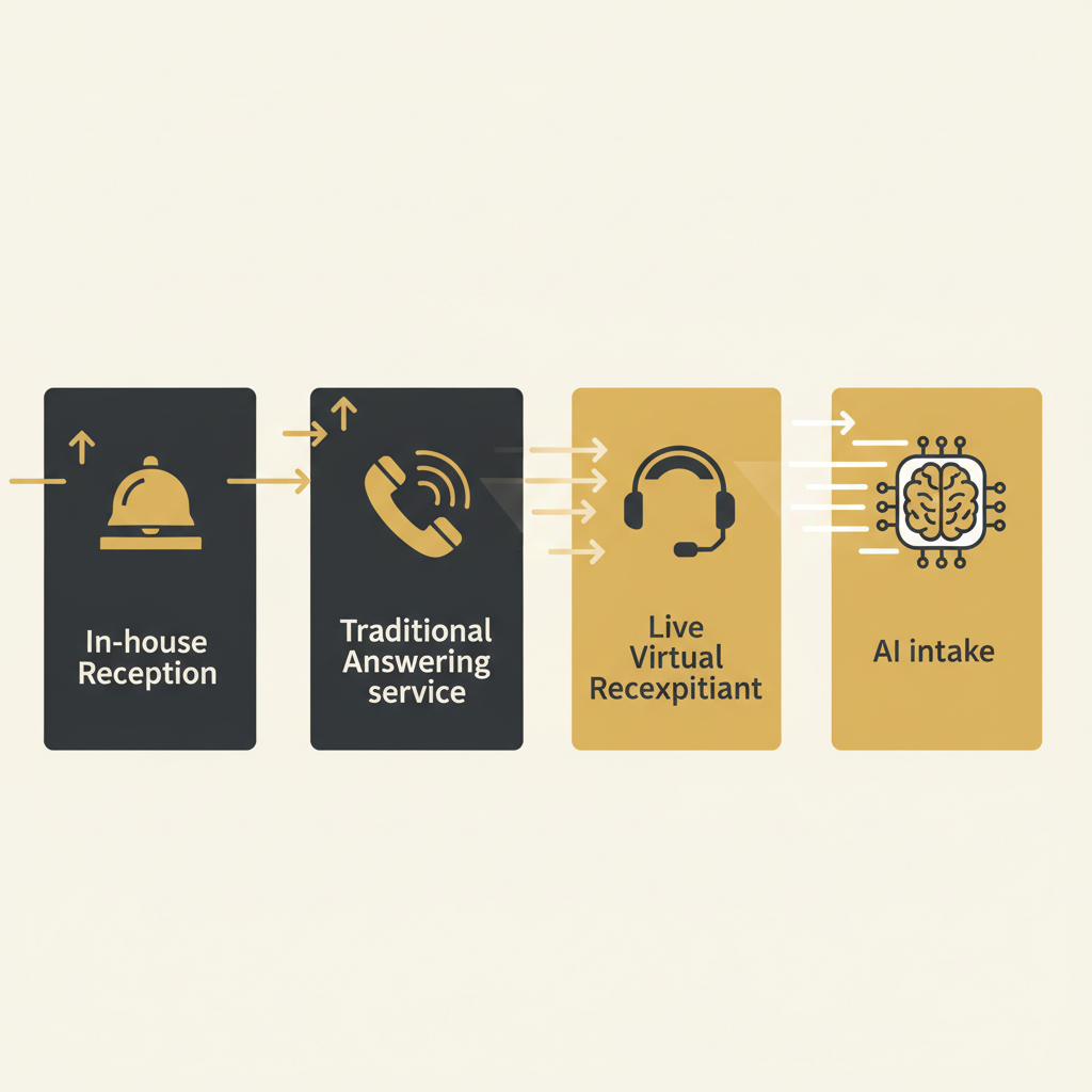 Legal answering service options illustrated through four intake model cards compared by speed and cost
