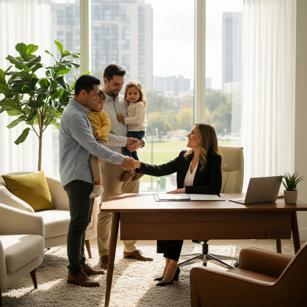 Law firm branding shown through a bilingual personal injury attorney meeting a Spanish-speaking family