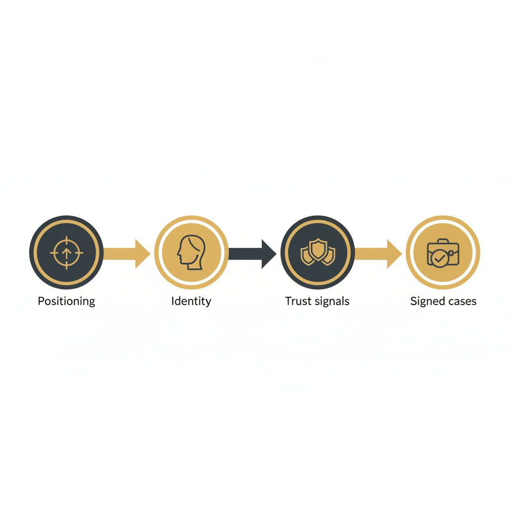 Law firm branding illustrated through a flow from positioning to identity to trust signals to signed cases