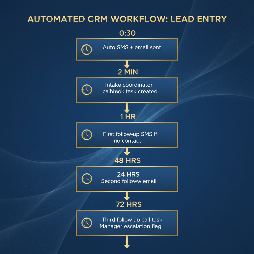 Personal injury law firm intake CRM automation workflow showing six-step follow-up sequence