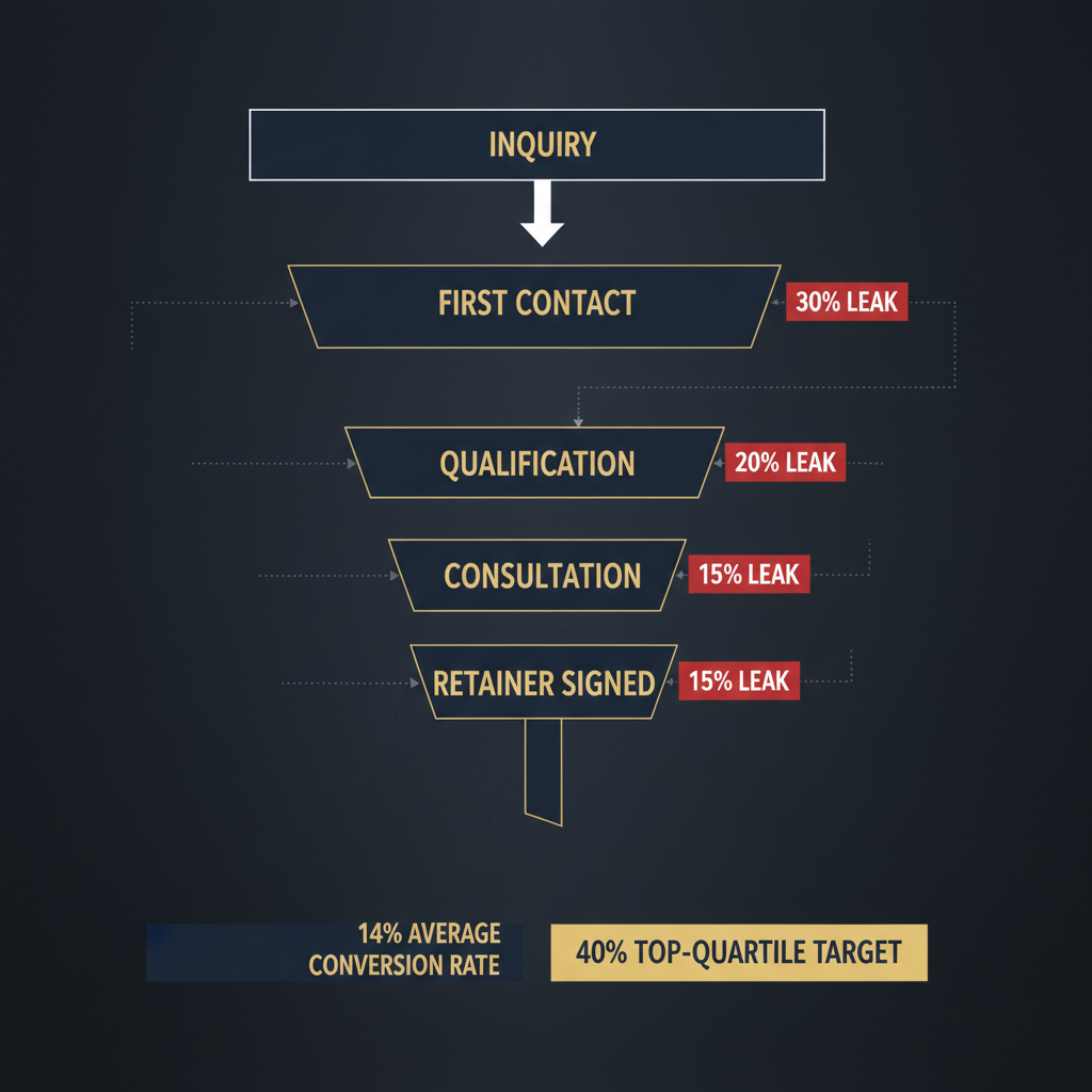 Law firm intake optimization funnel showing where personal injury leads drop out before signing
