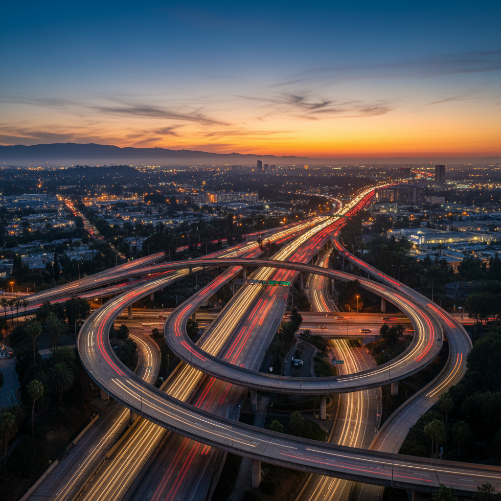 Law firm marketing in Los Angeles shown through a busy LA freeway interchange that drives motor vehicle accident case demand