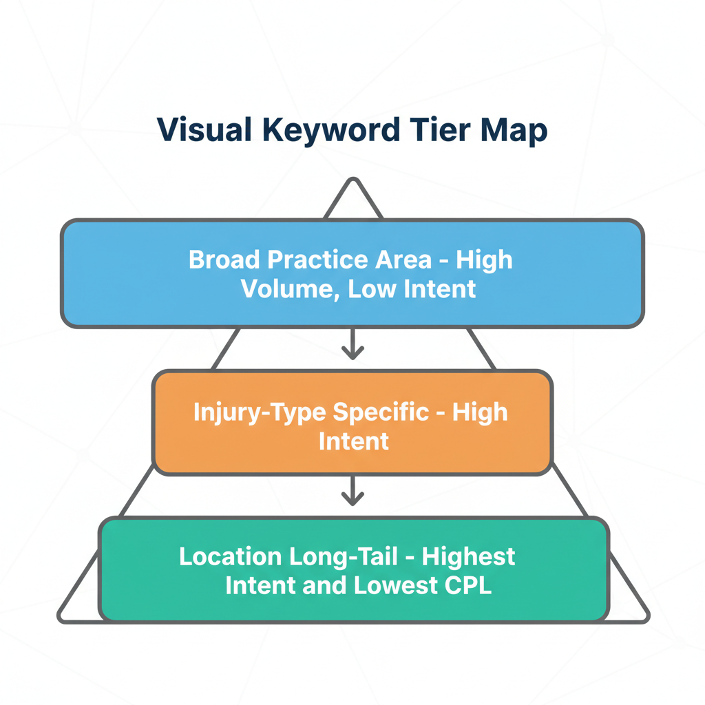 Law firm PPC strategy keyword segmentation map showing injury-type targeting for personal injury Google Ads campaigns