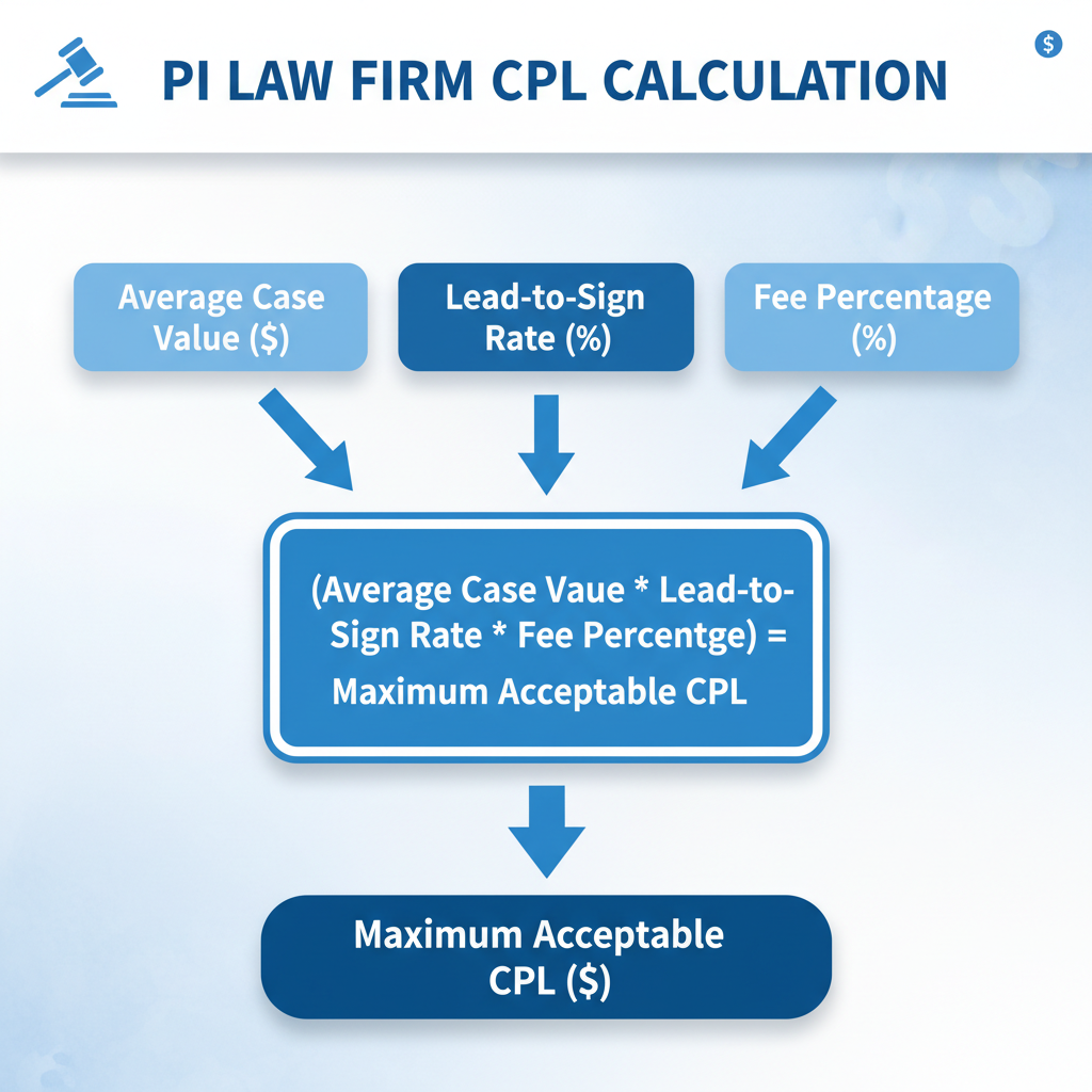 Law firm PPC strategy CPL calculator showing how to calculate maximum acceptable cost per lead for personal injury firms