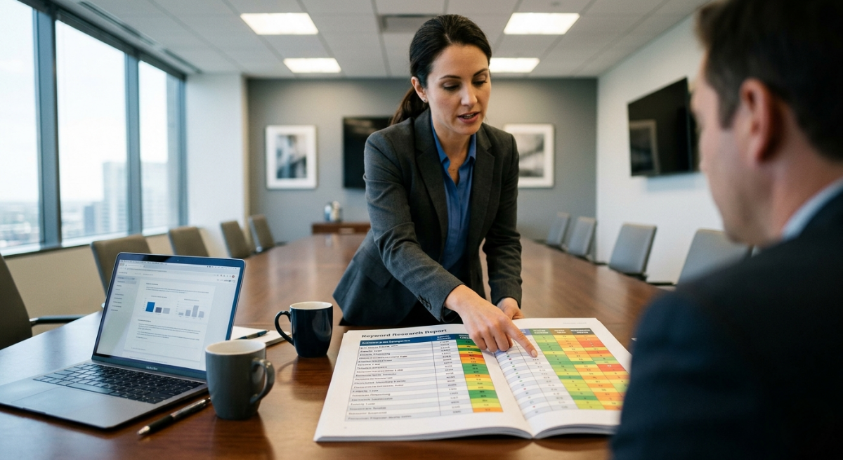 Law firm SEO keyword research shown through marketing consultant reviewing printed report at conference table