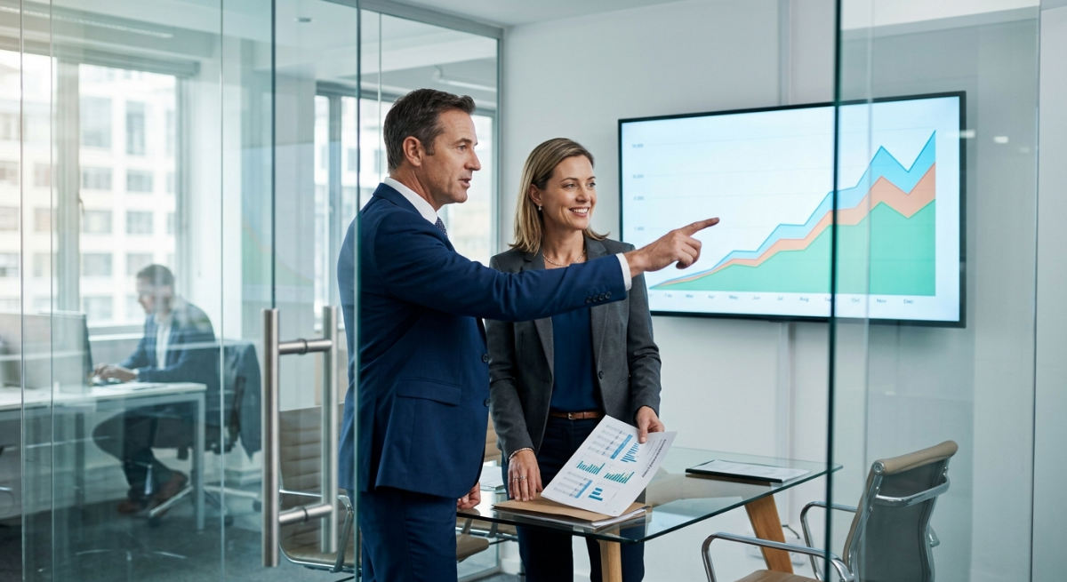 Law firm SEO results shown through law firm partners reviewing rising organic traffic graph in meeting room