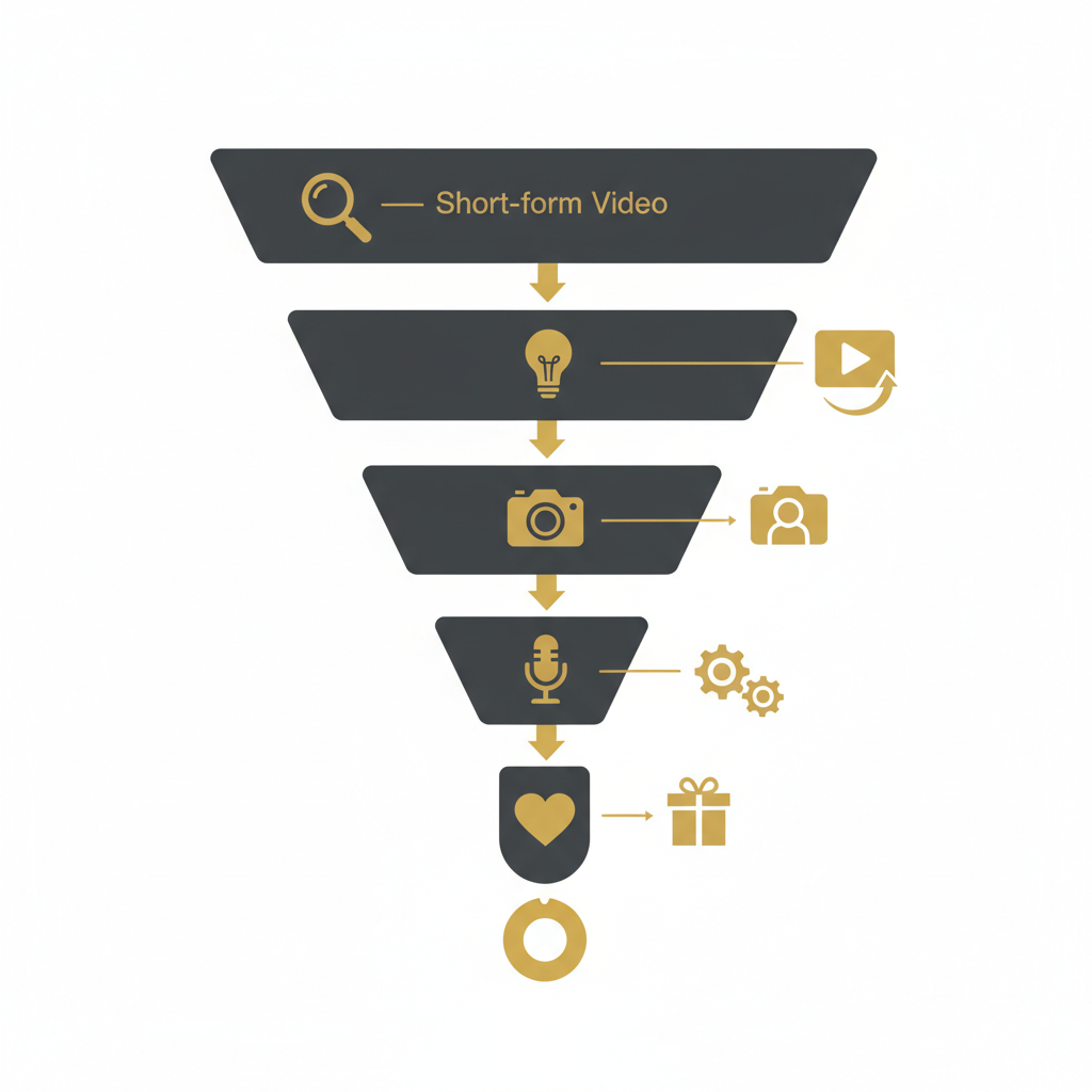 Law firm video marketing illustrated through a funnel diagram mapping each video type to a stage of the client journey