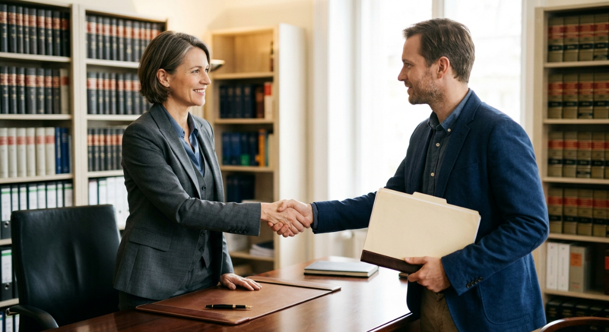 Lead generation for lawyers converting leads into signed cases shown through attorney client handshake