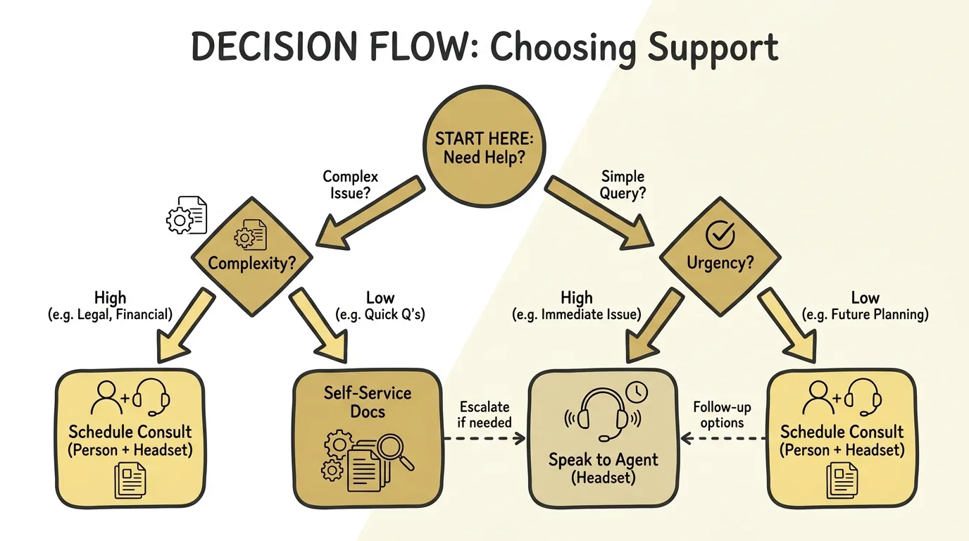 Legal intake services shown through a decision flowchart routing a firm to in-house, outsourced, or hybrid intake