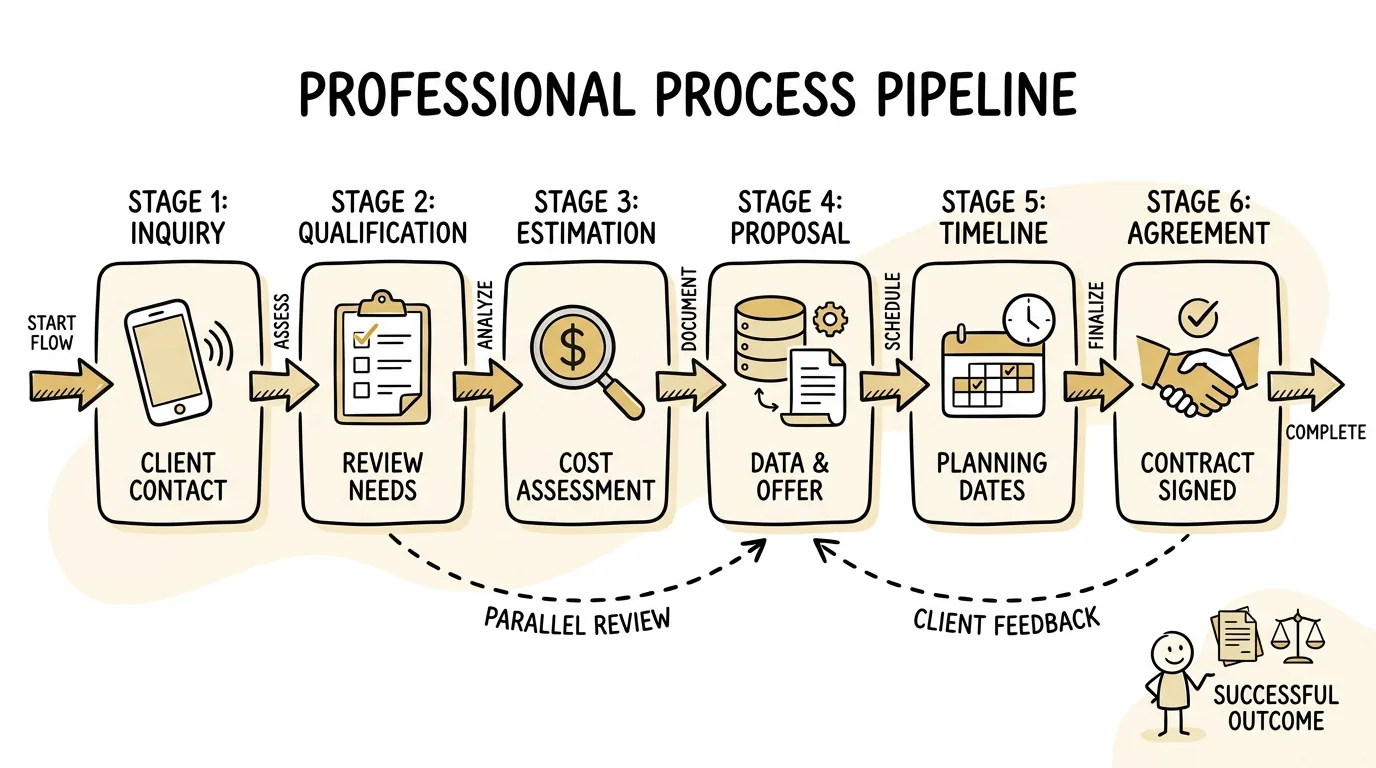 Legal intake services shown through a six-stage pipeline from first contact to signed retainer