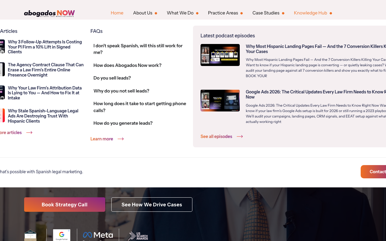Abogados Now homepage, Hispanic legal marketing agency