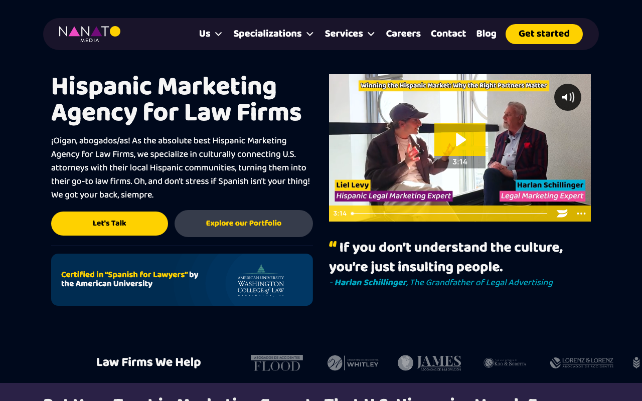 Nanato Media homepage, Hispanic marketing agency for law firms