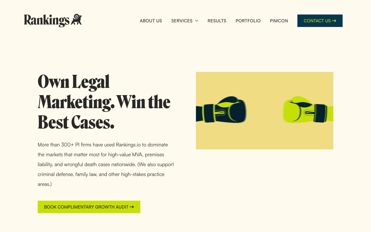 Rankings.io homepage, personal injury law firm SEO agency