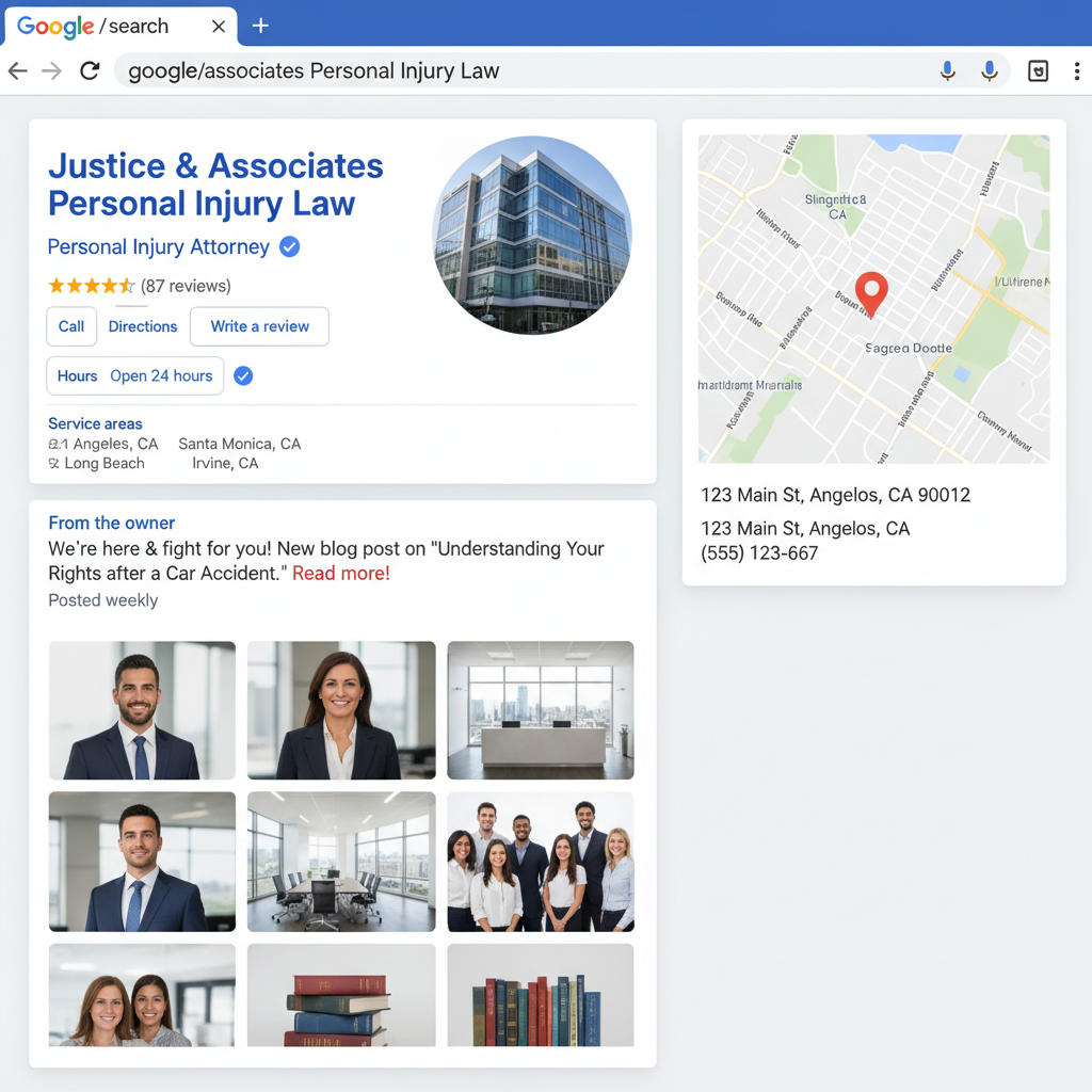 Law firm Google Business Profile optimization showing complete profile with reviews, categories, and service areas