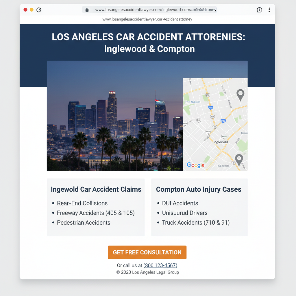 Local SEO for lawyers on-page optimization showing city-specific landing page for personal injury attorney