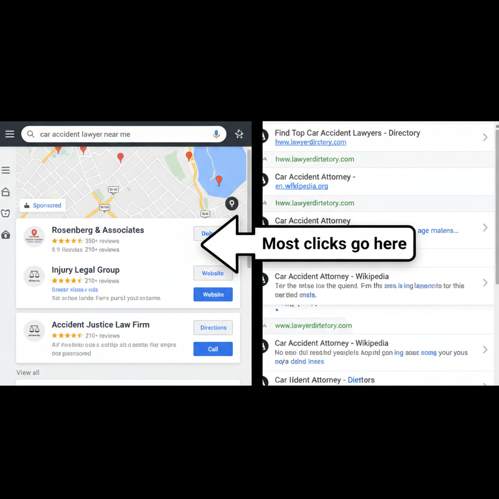Local SEO for lawyers comparison showing Google Maps local pack vs organic search results for car accident attorney