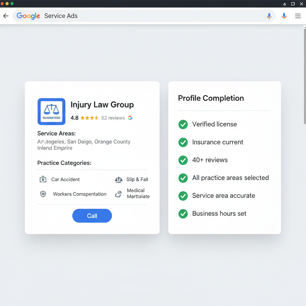Optimized Google Local Service Ads profile for personal injury lawyer with Google Guaranteed badge