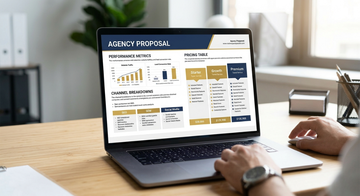Marketing agency for law firms proposal and pricing shown through laptop displaying agency service tiers