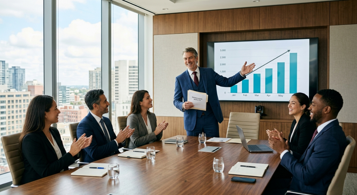 Marketing agency for law firms results shown through law firm owner presenting signed case growth to team