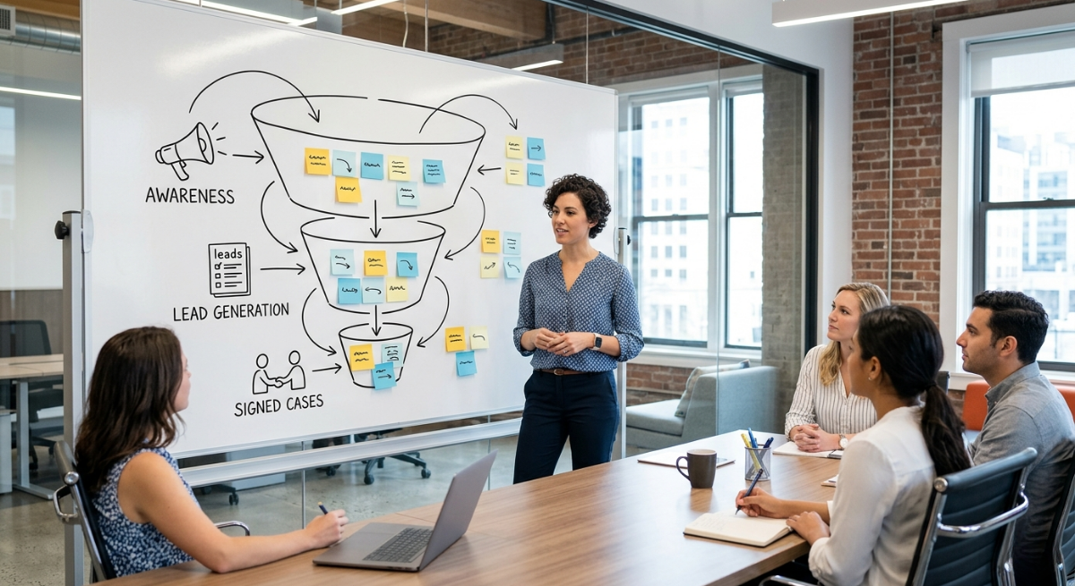 Marketing agency for law firms strategy shown through digital strategist presenting law firm marketing funnel