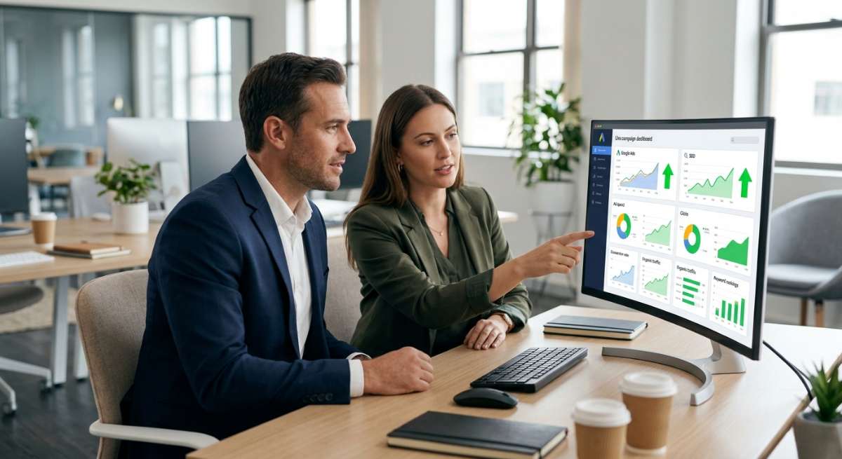 Marketing agency for law firms performance tracking shown through attorney and account manager reviewing campaign dashboard