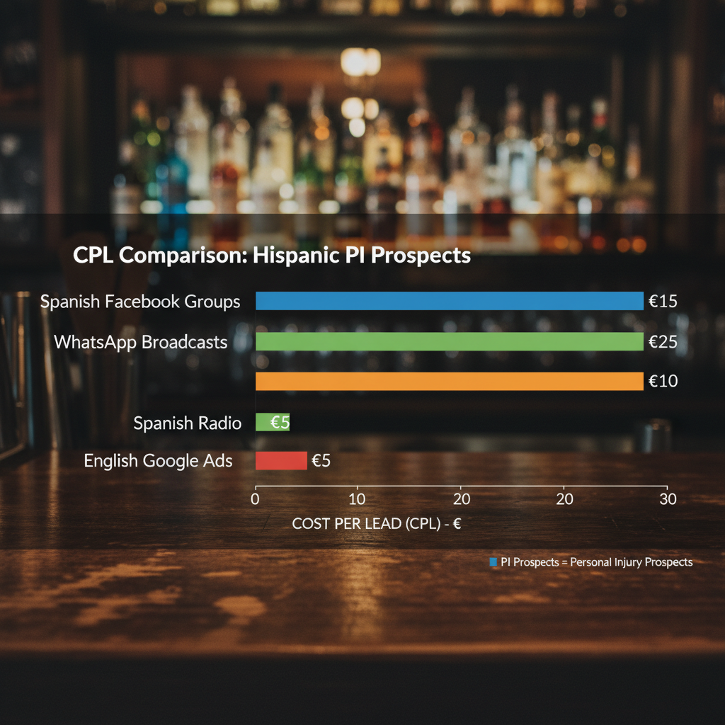 Channel comparison for marketing to hispanic personal injury clients showing CPL by platform