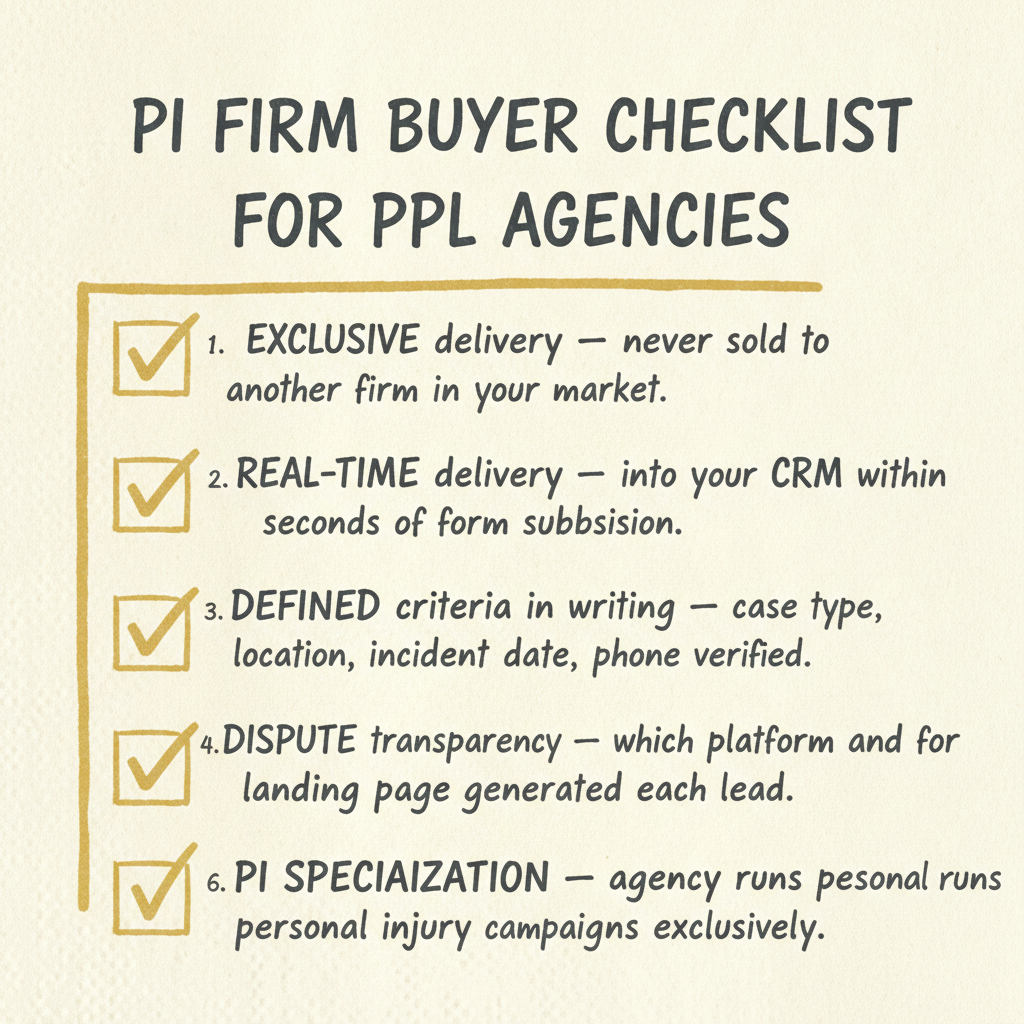 personal injury law firm checklist for evaluating pay per lead marketing agency showing six quality criteria