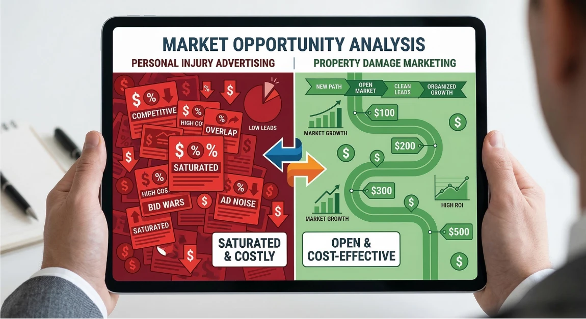 Side-by-side cost comparison of personal injury law firm marketing versus property damage Facebook ad spend