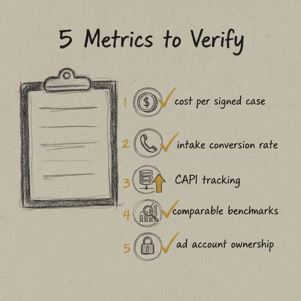 personal injury marketing agency ROI checklist showing 5 metrics illustrated with hand-drawn icons on a clipboard