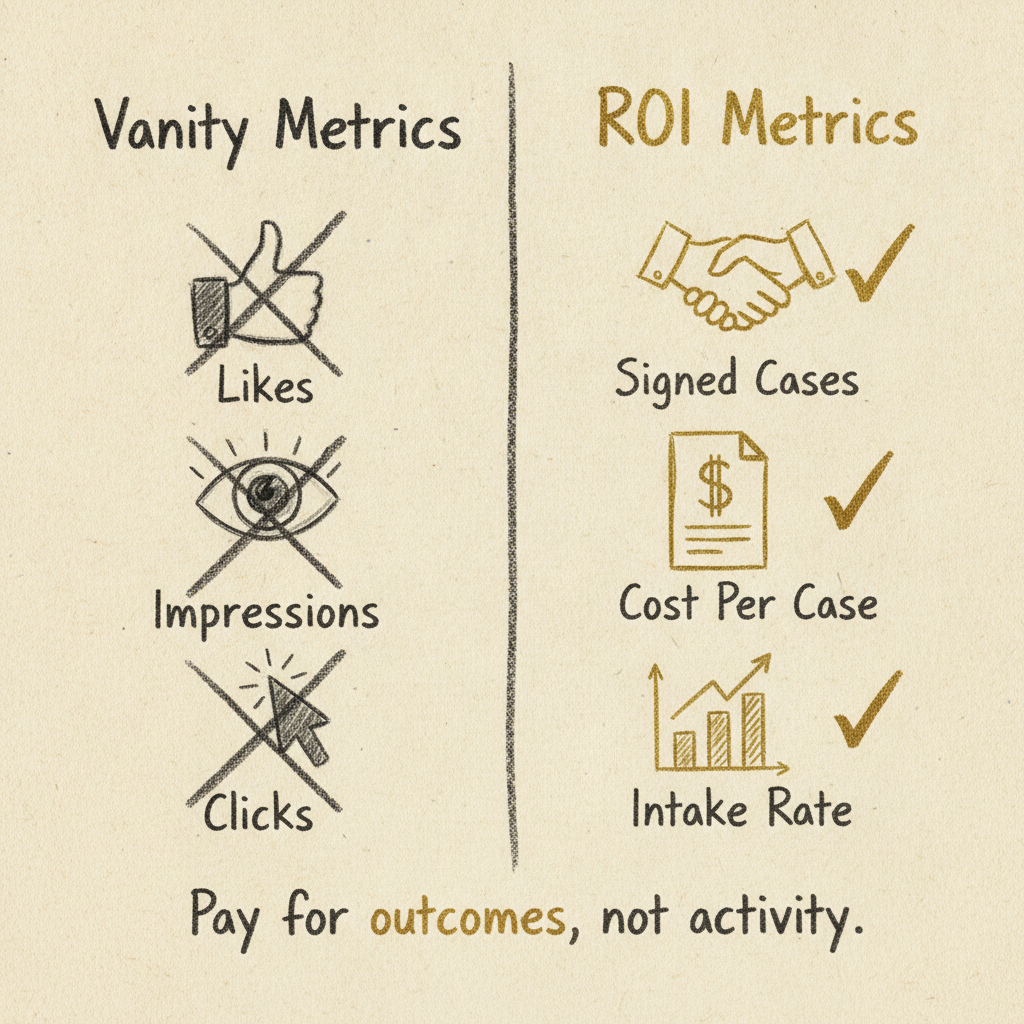 comparison of personal injury marketing agency vanity metrics versus real ROI metrics illustrated as two columns with hand-drawn icons