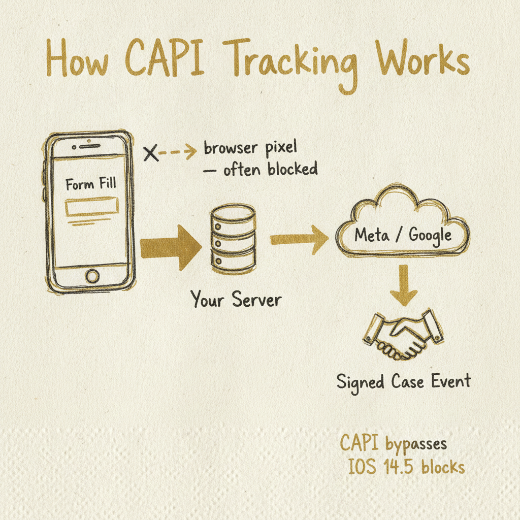 CAPI server-side tracking flow diagram showing smartphone to server to Meta to signed case conversion path