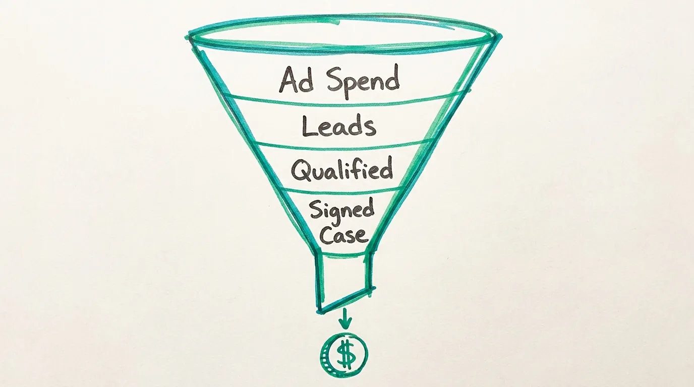 Personal injury marketing agency funnel from ad spend to signed case showing lower cost per signed case