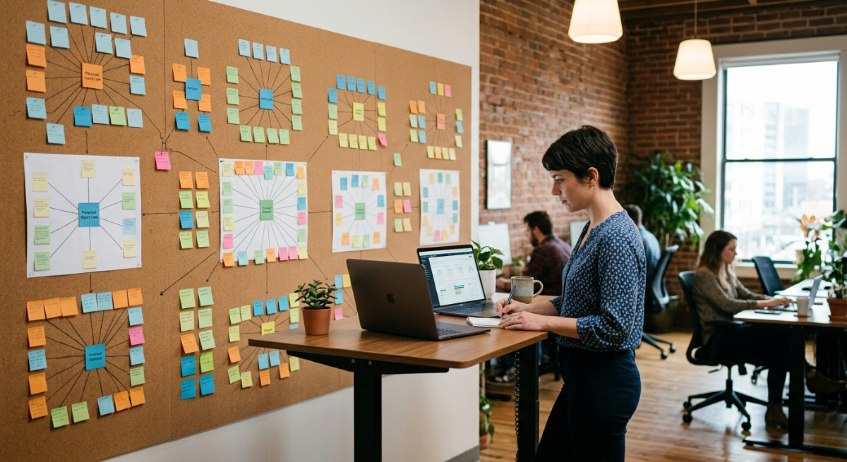 Personal injury SEO topic cluster and content strategy shown through corkboard content map