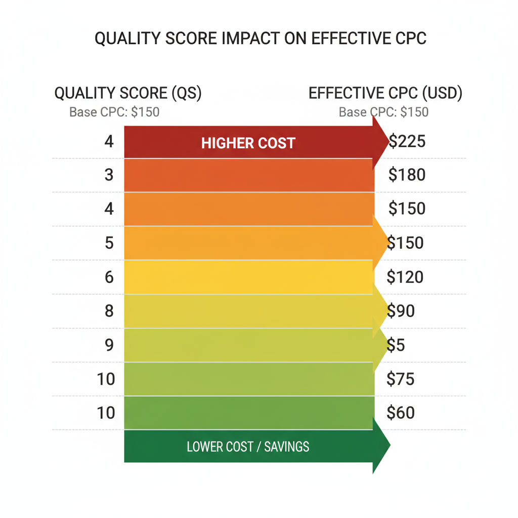 PPC for personal injury lawyers Quality Score impact on effective CPC comparison table