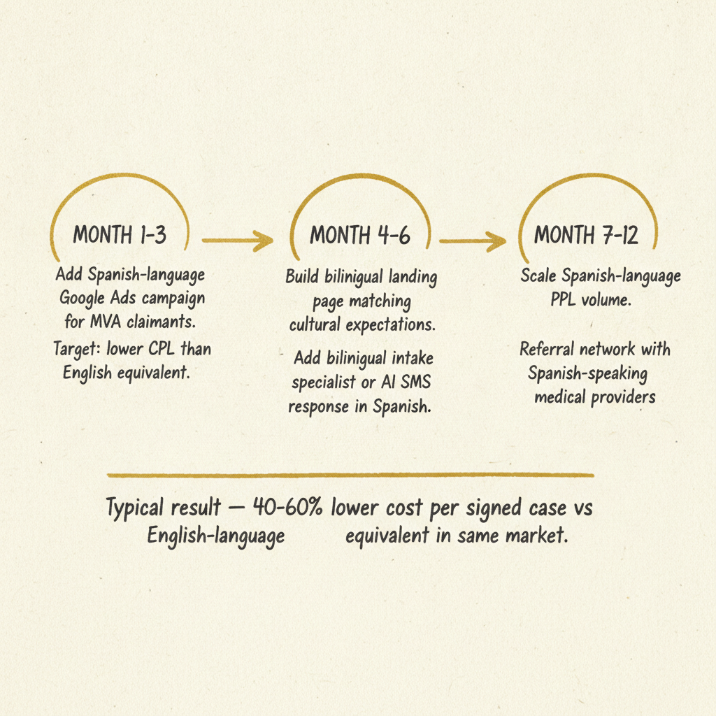 personal injury law firm bilingual Spanish language marketing expansion timeline showing three phases for scaling MVA case volume