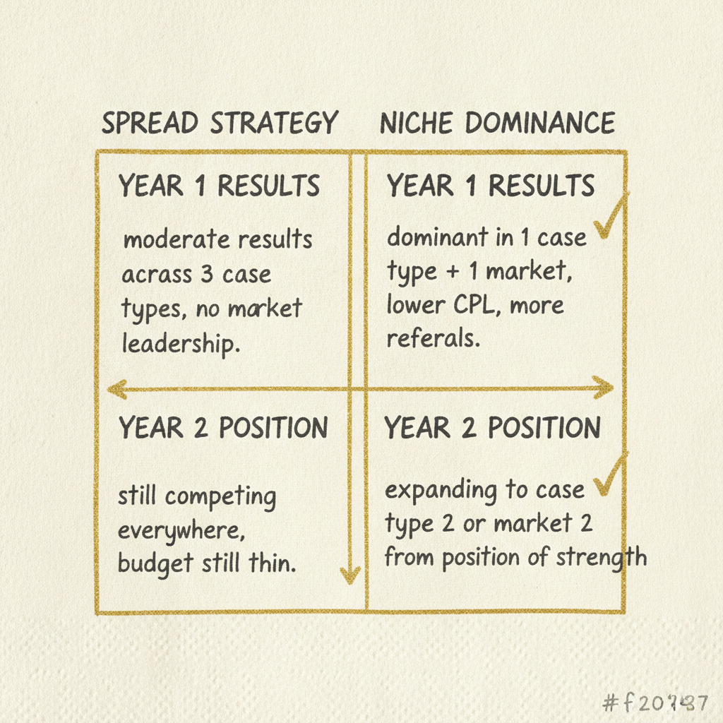 personal injury law firm niche dominance versus spread strategy grid comparison showing year one and year two outcomes