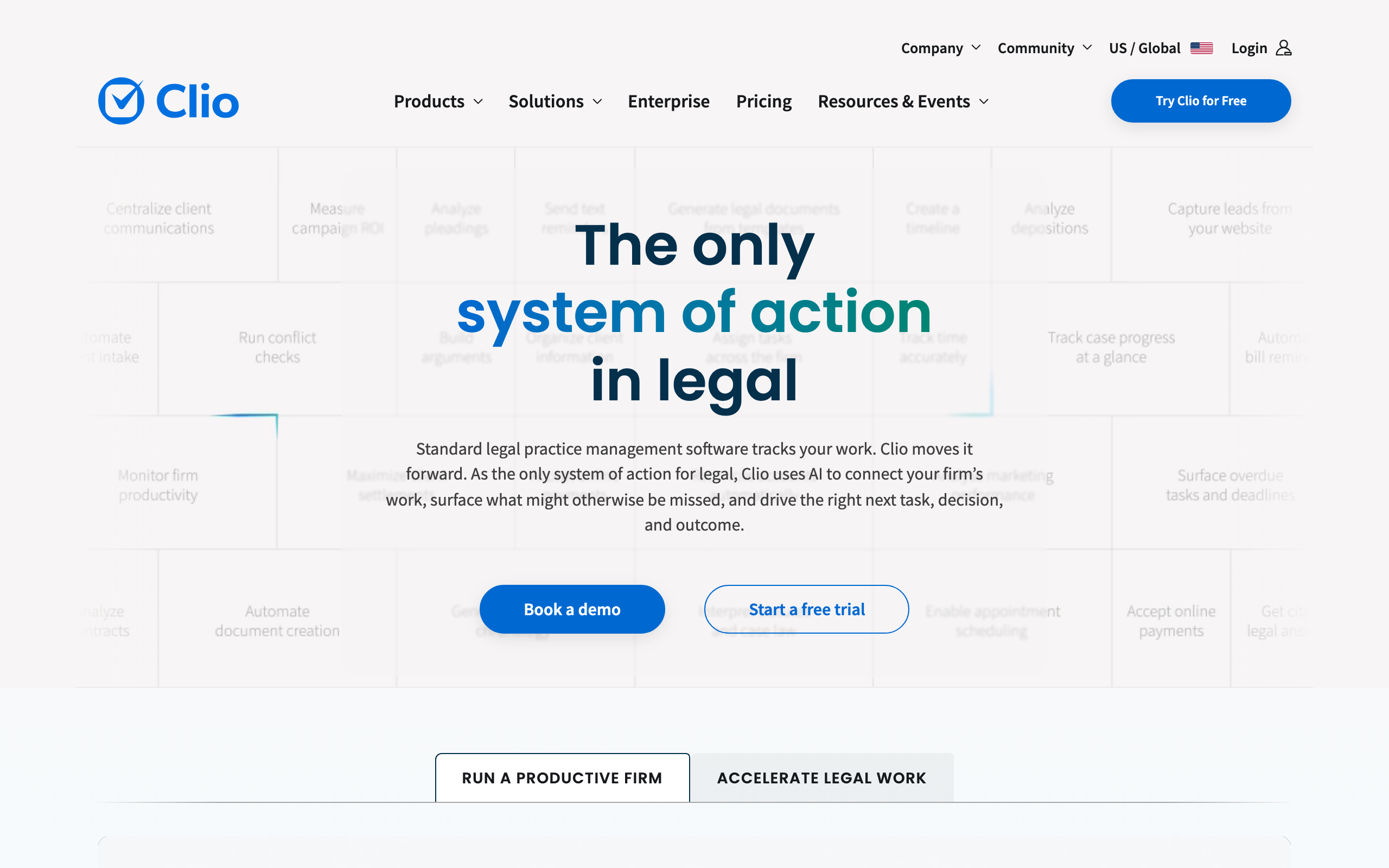 Clio homepage, the only system of action in legal practice management software