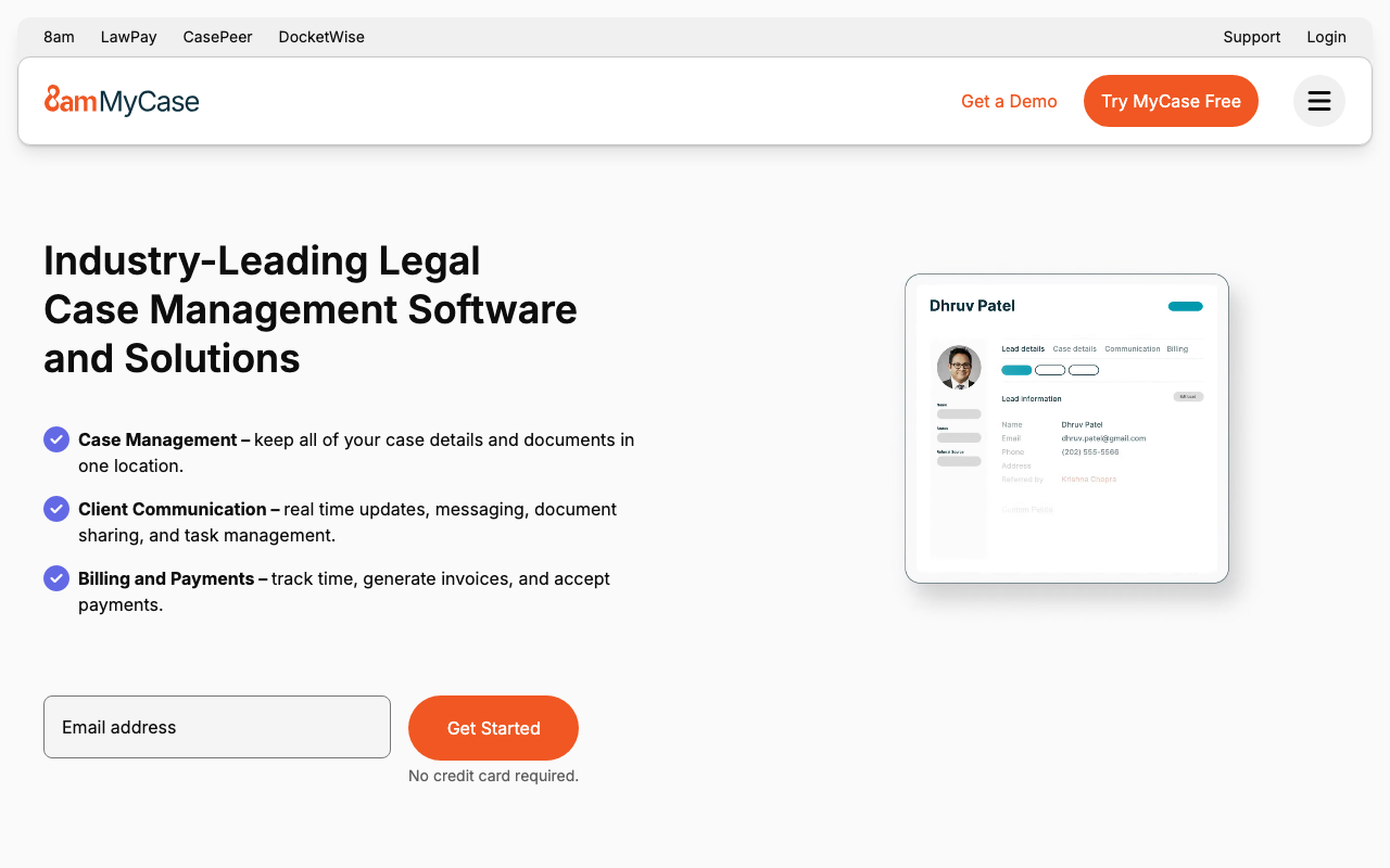 MyCase homepage, all-in-one legal practice management and client intake software