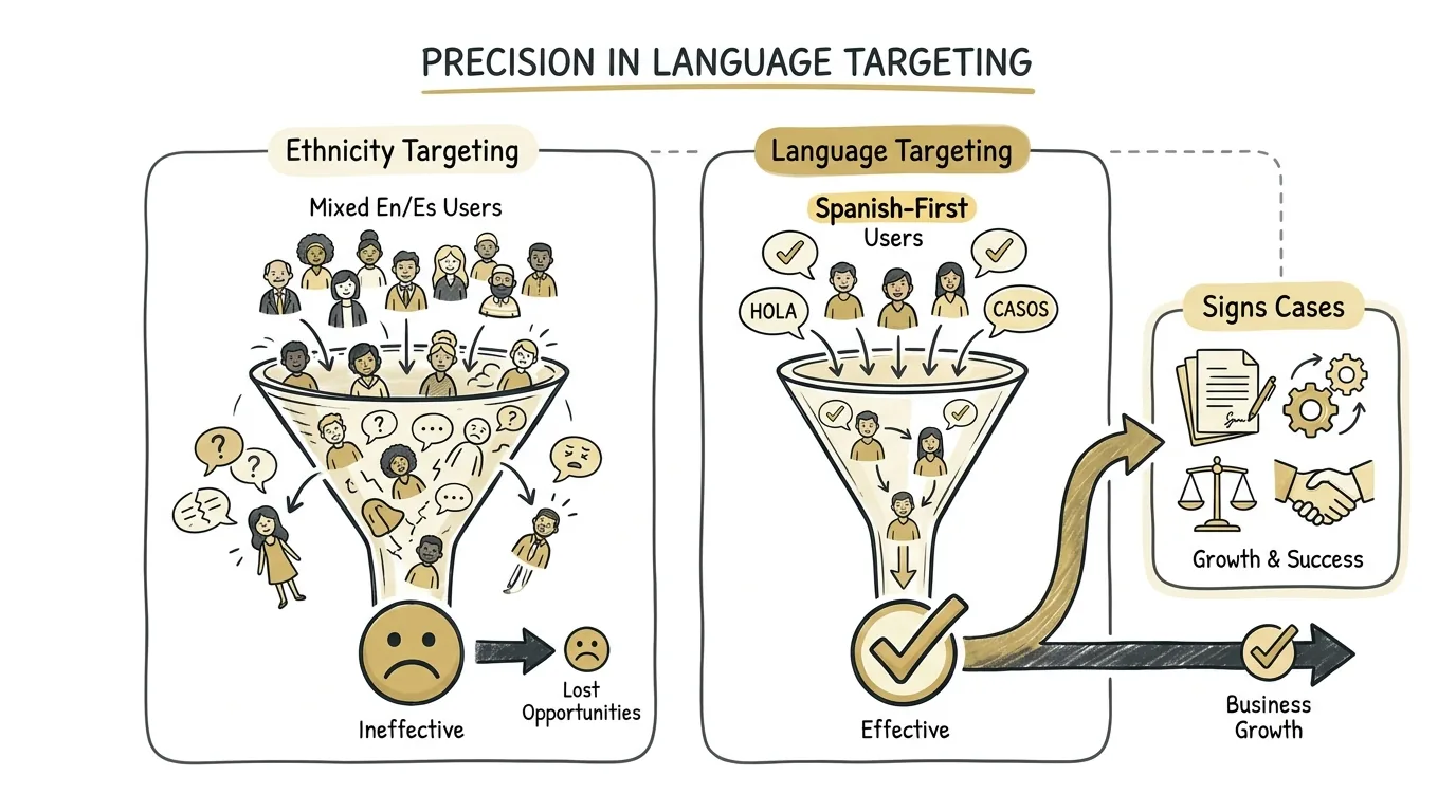 Spanish Facebook ads for personal injury lawyers illustrated through a comparison of ethnicity targeting versus language targeting funnels