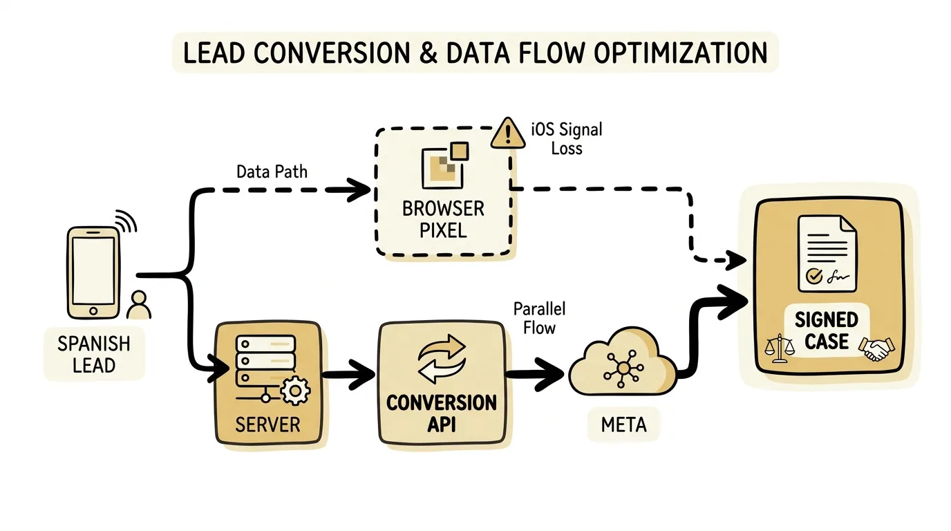 Spanish Facebook ads for personal injury lawyers illustrated through a Meta Conversion API server-side tracking flow that survives iOS signal loss