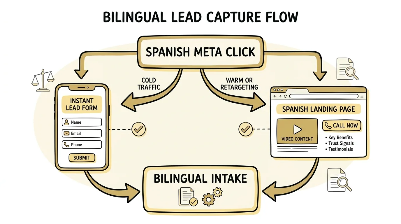 Spanish Facebook ads for personal injury lawyers illustrated through a decision tree choosing between an instant lead form and a Spanish landing page
