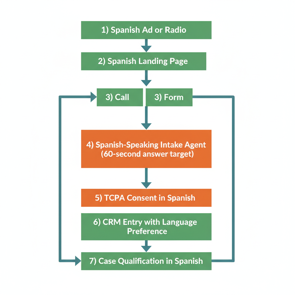 Spanish-speaking personal injury lawyer marketing bilingual intake process flowchart showing compliant lead capture and qualification steps