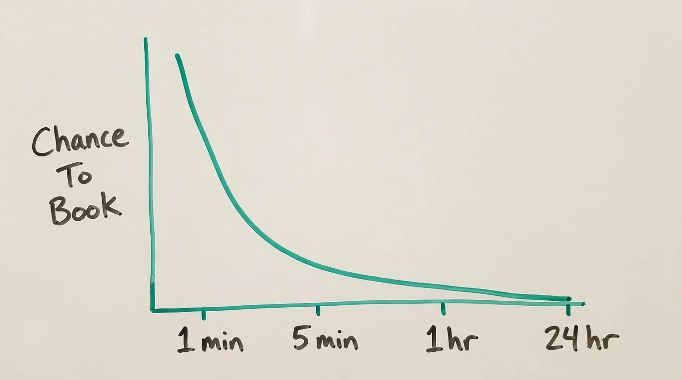 Speed to lead response curve showing how the chance of booking a consultation drops as minutes pass