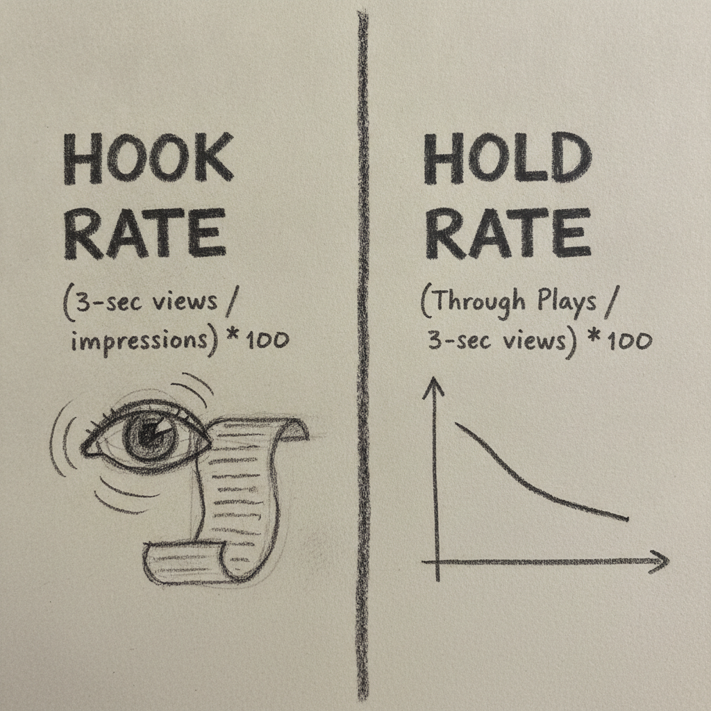 Hook rate and hold rate formula diagram for personal injury law firm Facebook ads showing how to calculate both metrics in Meta Ads Manager