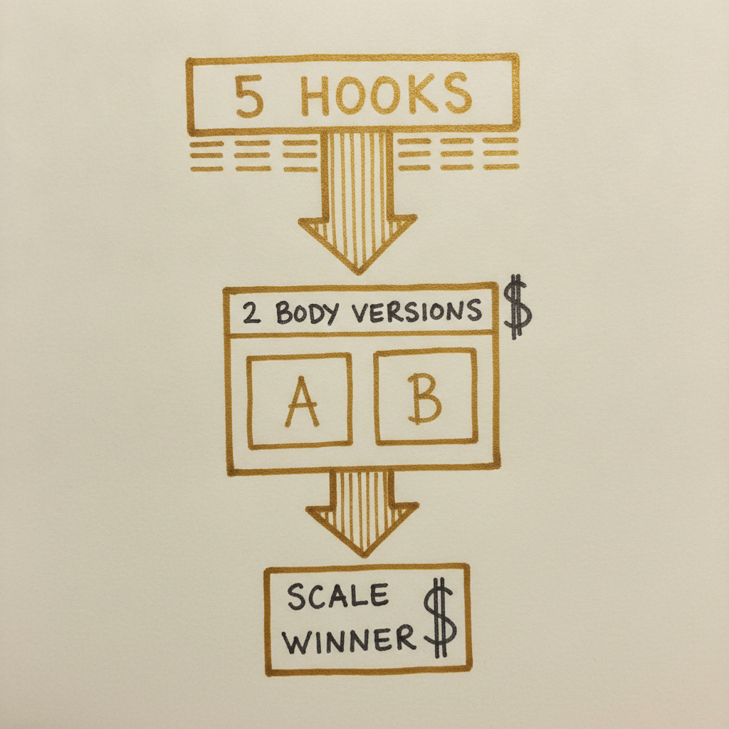 Creative testing framework diagram for PI law firm Facebook ads showing how to test five hook variations against two body versions to find the lowest cost per intake call