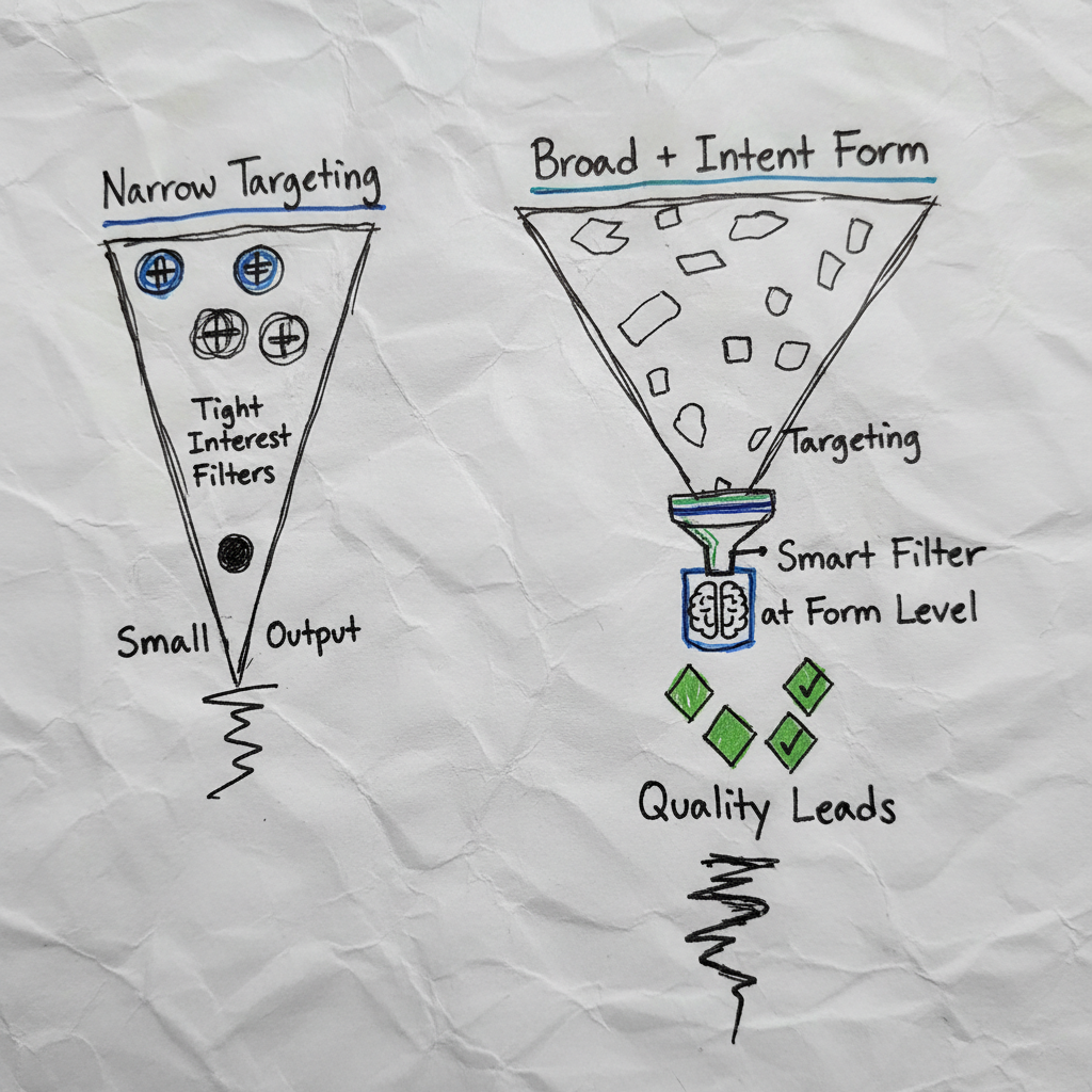 Broad vs narrow Facebook ad targeting diagram for personal injury law firms